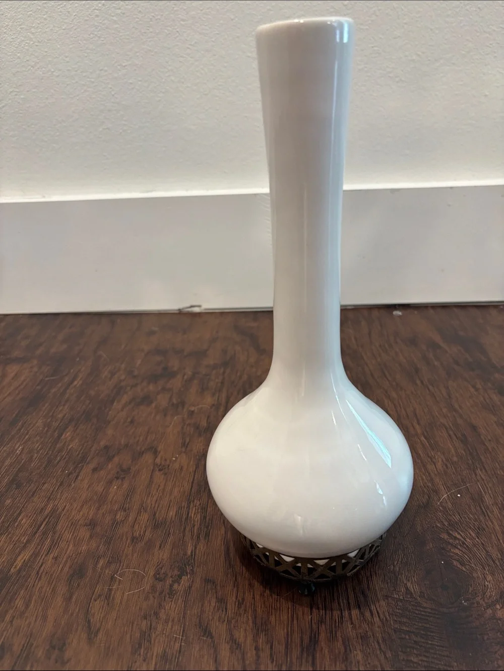 Vintage Gilmer Potteries #624 White Ceramic Gourd Bud Vase with Metal Base